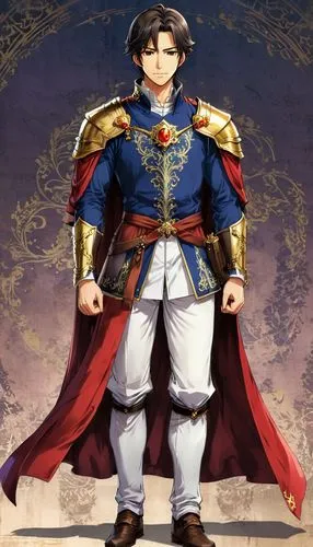 A handsome medieval emperor, with short dark hair, brown eyes and wearing period clothing.,napoleon bonaparte,hasebe,pelleas,ike,horikawa,katsuyuki,frederick,thracia,katsusuke,leif,diarmuid,ryoma,grei