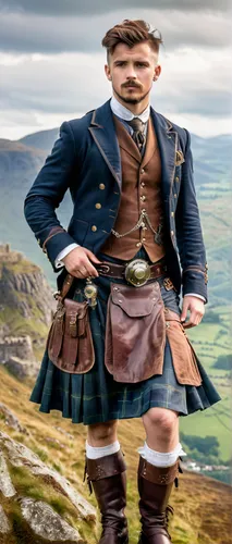 Young Scottish man. Confident expression. Wearing Steampunk clothing and a kilt. Brown hair, grey eyes, trim goatee. Show a full length body shot with the Scottish Highlands in the background.  Includ