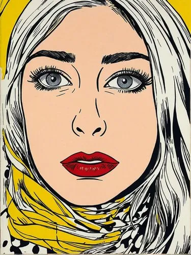 Cover girl the Roy Lichtenstein way.,the image shows an illustration of a woman's face with yellow scarf,roy lichtenstein,pop art style,pop art woman,cool pop art,pop art girl,pop art background,Illus