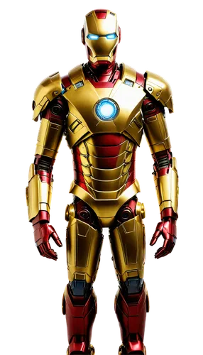 Iron Man, solo, Tony Stark, metallic suit, golden armor, repulsor glow, Arc Reactor, helmet with faceplate, muscular chest, mechanical arms, shoulder pads, red and gold color scheme, standing, heroic 