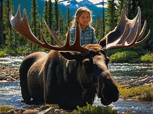 Compose a heartwarming tale about a young girl who forms an unlikely bond with a gentle bull moose in the Wyoming wilderness.,bull moose,moose antlers,wyoming bull moose,elk bull,bull moose at gros ve