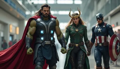 These four are fighting at Los Angeles airport

Thor
Face: Thor’s face is strong and noble, with his signature beard and long flowing hair. His helmet, if present, features sharp, angular designs that