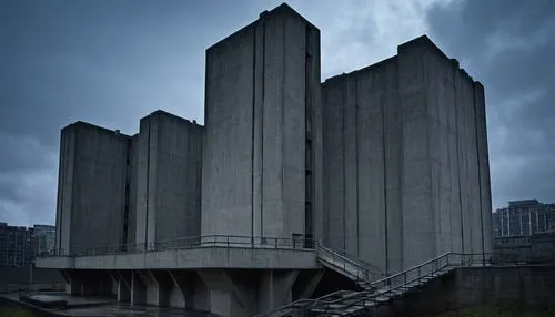  Brutalist building, American style, concrete structure, fortress-like, angular lines, rugged texture, fortress walls, narrow windows, brutal columns, urban setting, cityscape, metropolitan area, over