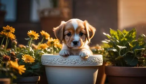 cute puppy,beagle,flowerpot,flower pot,cavalier king charles spaniel,little flower,Photography,General,Fantasy