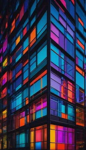 Colorful modern building, futuristic architecture, vibrant hues, neon lights, geometric shapes, glass facade, metal framework, urban cityscape, night scene, 3/4 composition, low-angle shot, cinematic 