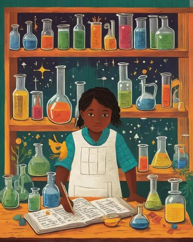 Write a fictional story about a mischievous element from the periodic table causing chaos in a chemical laboratory.,chemist,science education,science book,sci fiction illustration,apothecary,natural s