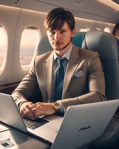 A male big boss sits with an Asus Tuf gaming laptop, in the cabin of a luxury private jet, in the style of 2000s movies,business jet,corporate jet,air new zealand,businessperson,businessman,airplane p