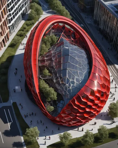 physical 3d model of collaboration between architects Neri Oxman and Thomas Heatherwick, red silk translucent architecture, Google campus dragonscale roof, free form, clear details, detail, Chaos Grou