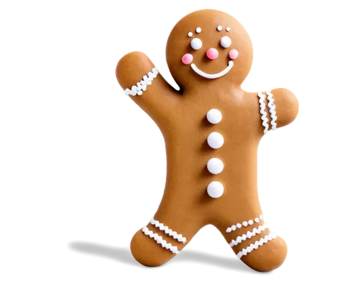 Gingerbread man, PNG with transparent background, festive holiday theme, white icing details, candy buttons, sweet expression, golden brown color, soft focus, warm lighting, 3/4 composition, shallow d