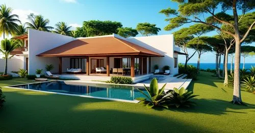 GIVE ME REALISTIC RENDER FOR THIS IMAGE WITH RESORT VILLA ELEVATION,the small pool has been placed between two large white houses,holiday villa,tropical house,3d rendering,pool house,bungalows,render,