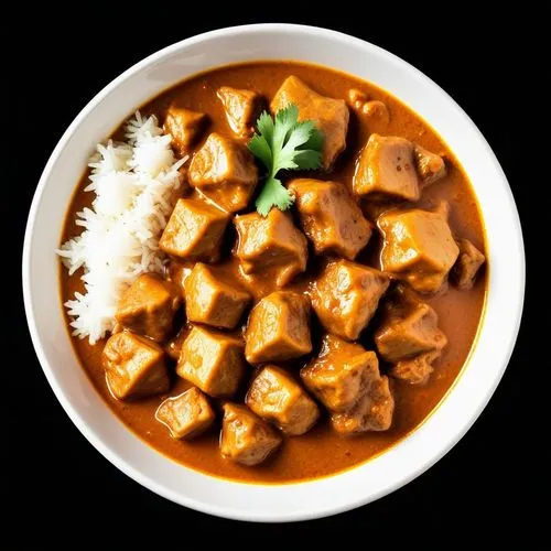 a bowl of curry with rice and some kind of meat,paneer,korma,vindaloo,balti,rendang,currying