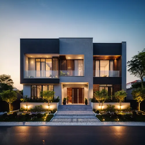 front elevation photography winning award for twin villa symmetrical 2 stories building, minimal modern, mix of material, lime, granitite, dark colors, luxurious looking,  , trees and people, late aft