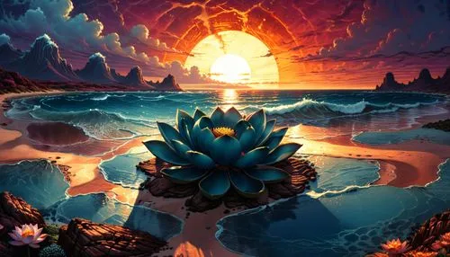 mesmerizing lotus,the lotus is sitting on a rocky shore at sunset,water lotus,hoenn,game illustration,sunroot,dusk background,flower in sunset,Illustration,Realistic Fantasy,Realistic Fantasy 25