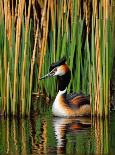 Great-crested Grebe in reeds,great crested grebe,western grebe,grebe,great-crested grebe eggs,marsh bird,american merganser,schwimmvogel,platycercus elegans,charadriiformes,pyrrhocorax graculus,hooded