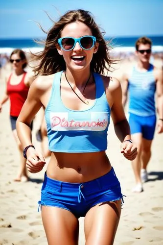 young women running on the beach barefooted in bathing suits,jazzercise,lululemon,aerobic,female runner,beach sports,macarena