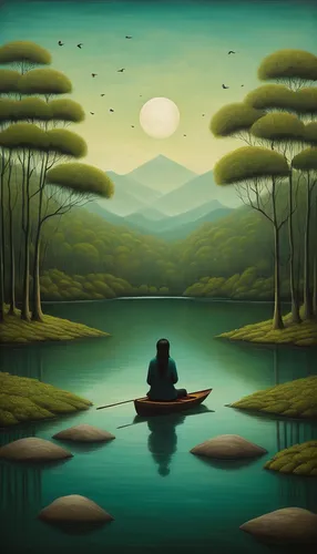 fishing float,evening lake,river landscape,landscape background,tranquility,boat landscape,tranquil,meditation,world digital painting,vipassana,forest landscape,landscapes,calm water,art painting,lake tanuki,mountain lake,idyll,nature landscape,adrift,fisherman,Illustration,Abstract Fantasy,Abstract Fantasy 17