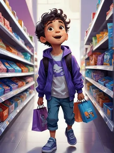 shopping icon,cute cartoon character,kids illustration,miguel of coco,digital painting,gap kids,shopkeeper,cute cartoon image,shopper,little kid,coco,world digital painting,kid hero,toy store,children is clothing,stylish boy,commercial,purple rizantém,holding shoes,retail,Conceptual Art,Fantasy,Fantasy 14