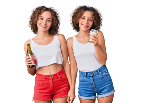 Woman, holding beer, smiling face, bright eyes, curly brown hair, light makeup, red lips, white tank top, denim shorts, golden necklace, summer atmosphere, natural lighting, 3/4 composition, shallow d