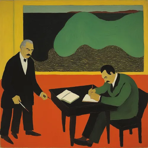 Write a thrilling story of a mysterious event being unraveled by reversing an image.,men sitting,braque francais,postmasters,psychoanalysis,matruschka,art dealer,saurer-hess,consulting room,wright bro