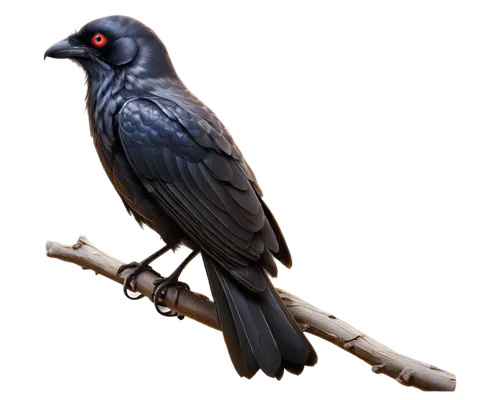 Dark mysterious crow, black feathers, sharp beak, glowing red eyes, perched on a branch, morning mist, eerie silence, 3D detailed model, realistic texture, cinematic lighting, shallow depth of field, 