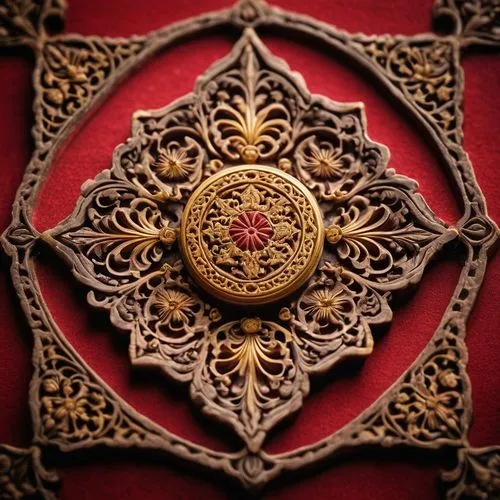 Ancient, intricate, stone-carved architectural stamp, golden ornate details, symmetrical design, Victorian-era inspired, luxurious, grandiose, red velvet background, dim softbox lighting, shallow dept