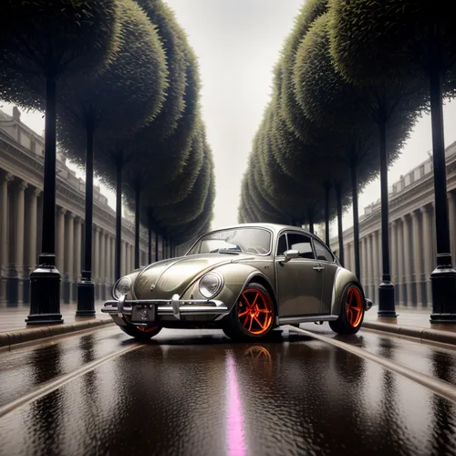  Generate a realistic image of a 69 Beetle, with 12 cylinders. turbo, lowered and fully tunedm .lowered and customized, with metallic colors and chrome details.with low-tread tires, 21-inch rim,red ab