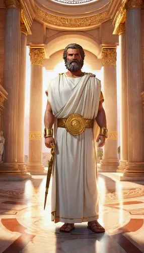 Ancient Roman architect, Marcus Vitruvius, standing, holding compass, wearing traditional Roman attire, white toga, golden accessories, laurel wreath on head, beard, mustache, serious facial expressio