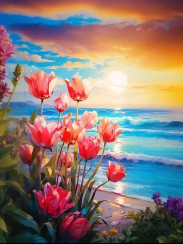 flower painting,splendor of flowers,flower in sunset,landscape background,flower background,springtime background,sea of flowers,sea landscape,dmitriev,spring background,art painting,coastal landscape,beach landscape,pink tulips,spring morning,flower art,seascape,colorful background,oil painting on canvas,flower water