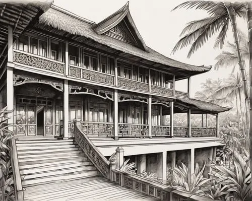 stilt house,javanese traditional house,asian architecture,stilt houses,peranakan,kampung,teak bridge,teahouse,longhouse,tropical house,longhouses,pagodas,baan,malayan,verandah,peranakans,the golden pavilion,yamatai,verandahs,kampuchea,Illustration,Black and White,Black and White 34