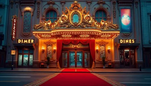 Ornate cinema facade, eclectic architectural style, grand entrance, red carpet, golden decorations, intricate moldings, ornamental columns, vibrant neon lights, bustling city street, urban atmosphere,