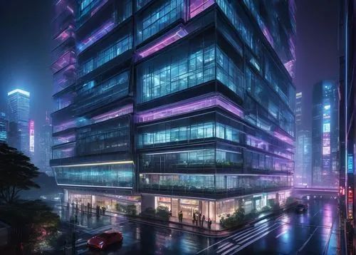 ZWCAD architecture, futuristic building, sleek lines, metallic materials, glass façade, neon lights, Tokyo cityscape, night scene, misty atmosphere, detailed reflections, high-angle shot, 3/4 composit