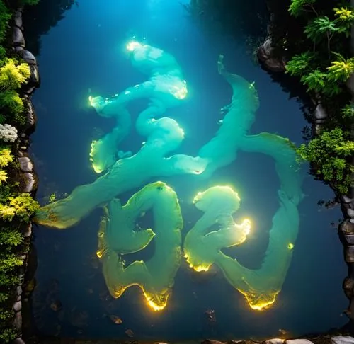 This Chinese character "韵" is in a very soft environment, surrounded by a dreamy atmosphere.,underwater oasis,underwater background,arowanas,yamatai,underwater landscape,nuphar,forest fish,koi pond,su