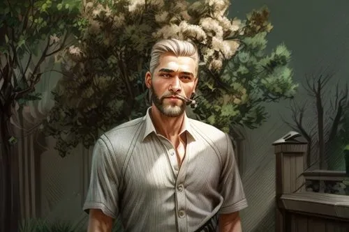 male elf,male character,portrait background,farmer in the woods,elderly man,main character,silver fox,pompadour,gardener,romantic portrait,tall man,game illustration,biologist,man portraits,vendor,witcher,custom portrait,man with umbrella,white beard,standing man