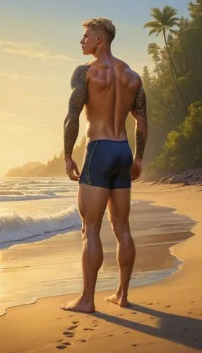 a powerful muscular young swimmer man is kneeling on the beach sand, waves splashing, tattoed body, spedo swimsuit,  sweety body, heavy buldge,  in the morning,,beach background,sagat,kukui,muscleboun