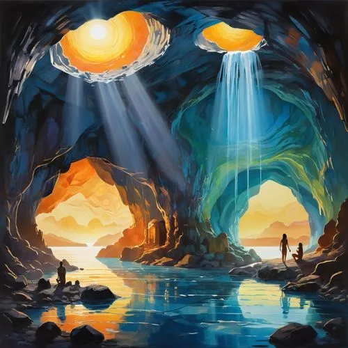 mushroom landscape,fantasy landscape,pillars of creation,fantasy picture,world digital painting,the blue caves,futuristic landscape,fantasy art,sea caves,blue caves,the pillar of light,alien world,chasm,portals,mirror of souls,blue cave,mushroom island,sea cave,fantasy world,musical background,Illustration,Vector,Vector 07