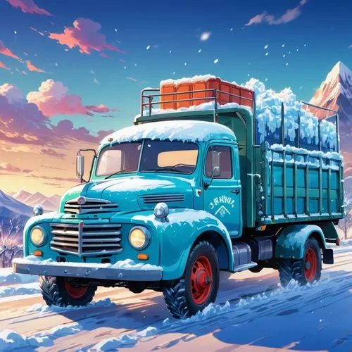 A 1950s truck vehicle prepared for snow and ice situations.,a blue truck parked in the snow with mountains in the background,christmas truck,christmas pick up truck,christmas truck with tree,kamaz,chr