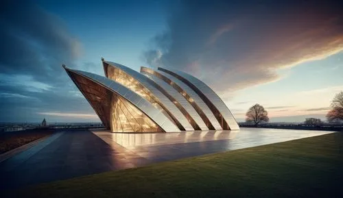 an artistic building sitting on top of a green field,calatrava,philharmonie,futuristic art museum,utzon,futuroscope,futuristic architecture,Photography,General,Fantasy