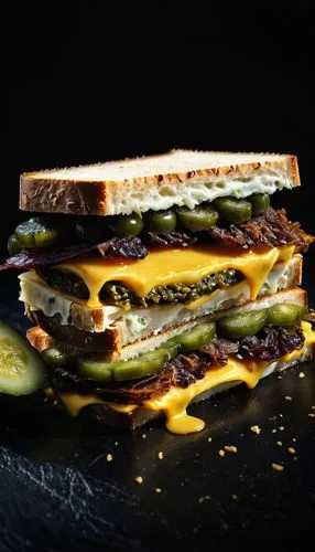 Sandwich in Spotlight: A Cheese and Pickle Sandwich, dramatically lit with a spotlight against a black background, showcasing its layers with high contrast and sharp details. The sandwich looks exquis