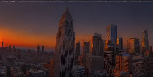 city skyline,skyscrapers,manhattan skyline,skycraper,skyline,chrysler building,new york skyline,dusk background,tall buildings,metropolis,digital compositing,3d rendering,tallest hotel dubai,world digital painting,the skyscraper,skyscapers,city scape,sky city,evening city,cityscape,Light and shadow,Landscape,City Twilight