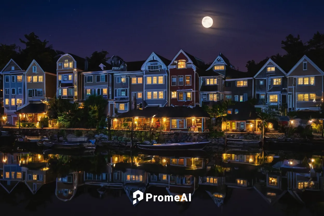 building exterior, architecture, built structure, night, illuminated, reflection, house, water, waterfront, residential building, no people, sky, outdoors, moon, nature, city,false creek,aurora villag