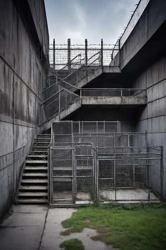 Hostile architecture concept, modern cityscape, brutalist concrete buildings, sharp edges, fortress-like structures, defensive design, urban planning, 1960s-1970s era, industrial materials, metallic f