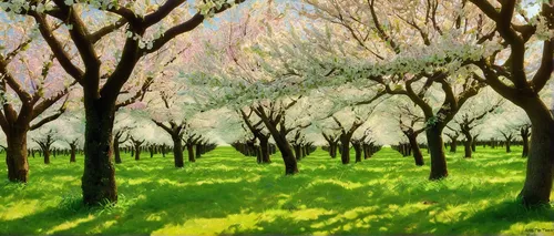 Write a whimsical story set in an enchanted orchard full of pome fruit.,almond trees,sakura trees,cherry trees,orchards,meadow in pastel,japanese cherry trees,orchard,almond tree,olive grove,blooming 