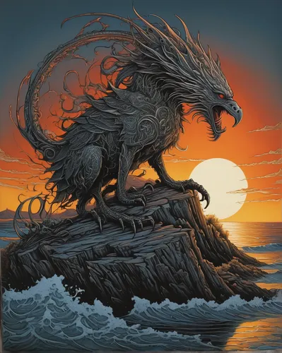 gryphon,marine iguana,painted dragon,black dragon,sea head eagle,kelpie,dragon of earth,basilisk,sea raven,dragon,fantasy art,howling wolf,wyrm,sea fantasy,maelstrom,griffin,sea monsters,black raven,sea hawk,fire breathing dragon,Illustration,Black and White,Black and White 01