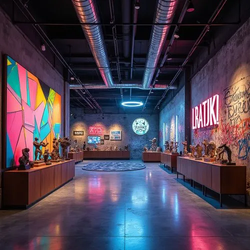 Postmodern art center, vibrant colors, abstract shapes, eclectic mix of materials, exposed ductwork, industrial chic, polished concrete floors, geometric patterns on walls, futuristic LED lighting, av