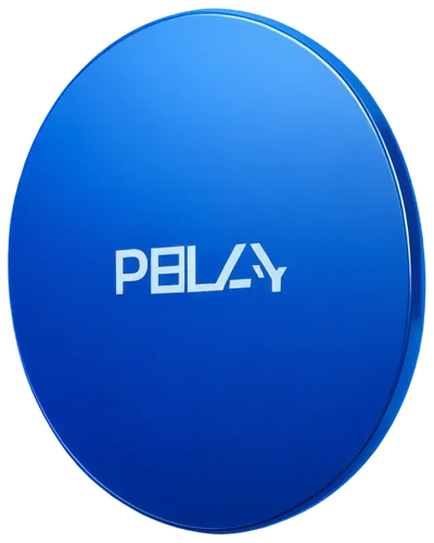 Play button, circular shape, glossy surface, shiny metallic material, bright blue color, white border, subtle gradient effect, slight shadow underneath, centered text "play" in sans-serif font, bold a