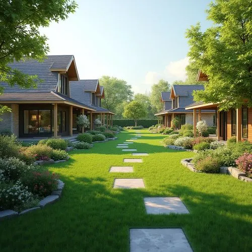 Serene residential neighborhood, lush green lawns, vibrant flowerbeds, meandering walkways, natural stone retaining walls, modern houses with pitched roofs, large windows, sliding glass doors, bloomin