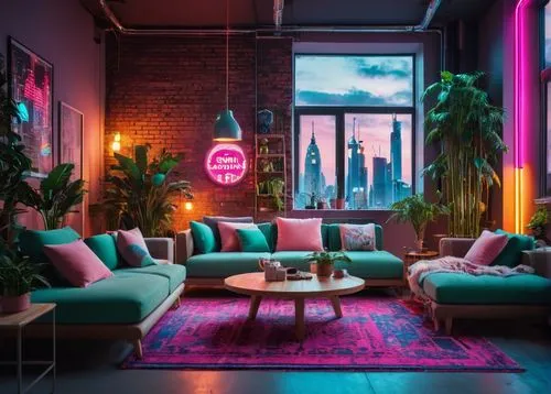 apartment lounge,neon cocktails,neon coffee,livingroom,living room,modern decor,loft,an apartment,interiors,cabana,apartment,shared apartment,lounge,chaise lounge,interior design,neon drinks,aesthetic,brighthouse,neon candies,kimpton,Conceptual Art,Sci-Fi,Sci-Fi 26