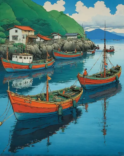 Fishing Boats Painting,fishing boats,small boats on sea,boats in the port,fishing village,khokhloma painting,luo han guo,gondolas,boats,boat landscape,fishing trawler,fishing boat,wooden boats,row boa