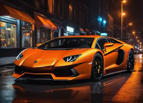 Lamborghini Aventador, sports car, orange body, glossy finish, intricate design details, carbon fiber texture, sleek wheels, low-angle shot, urban setting, city street, nighttime, neon lights reflecti