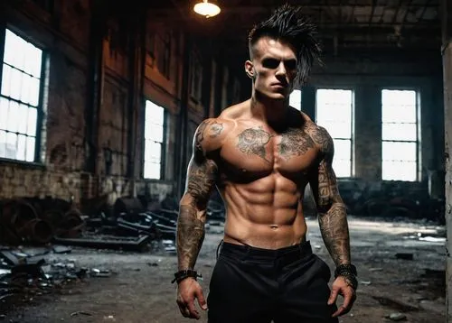 Death Athletic, muscular man, ripped shirtless torso, black pants, sneakers, aggressive facial expression, sharp jawline, intense eyes, dark makeup, gothic hairstyle, bold tattoos, abandoned factory, 